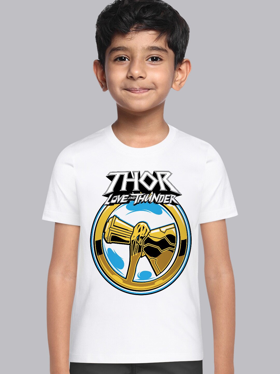 

Kids Ville Boys White & Yellow Thor Love & Thunder Regular Fit Crew Neck Tshirt