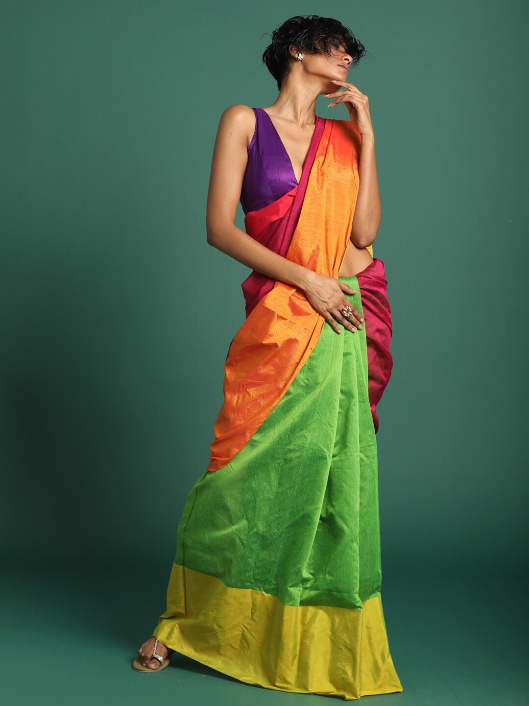 

Saranee Green & Magenta Colourblocked Zari Half and Half Jamdani Saree