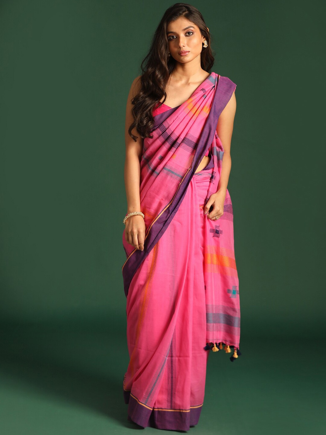 

Indethnic Pink & Purple Ethnic Motifs Pure Cotton Jamdani Saree
