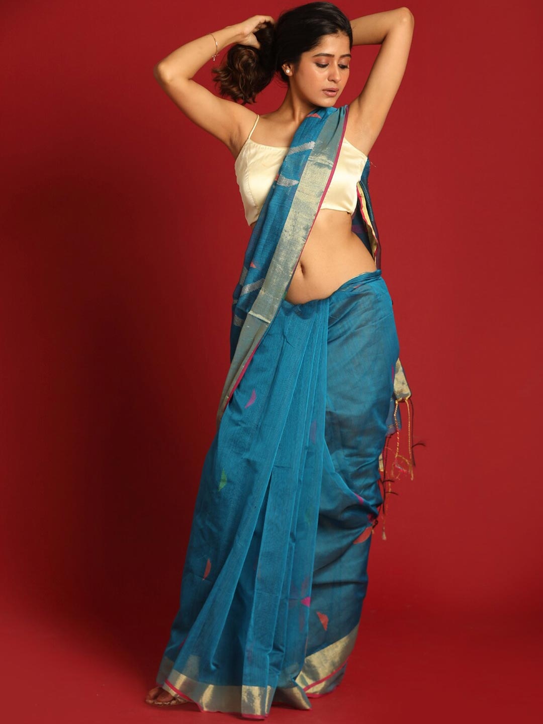 

Indethnic Blue & Pink Woven Design Zari Jamdani Saree