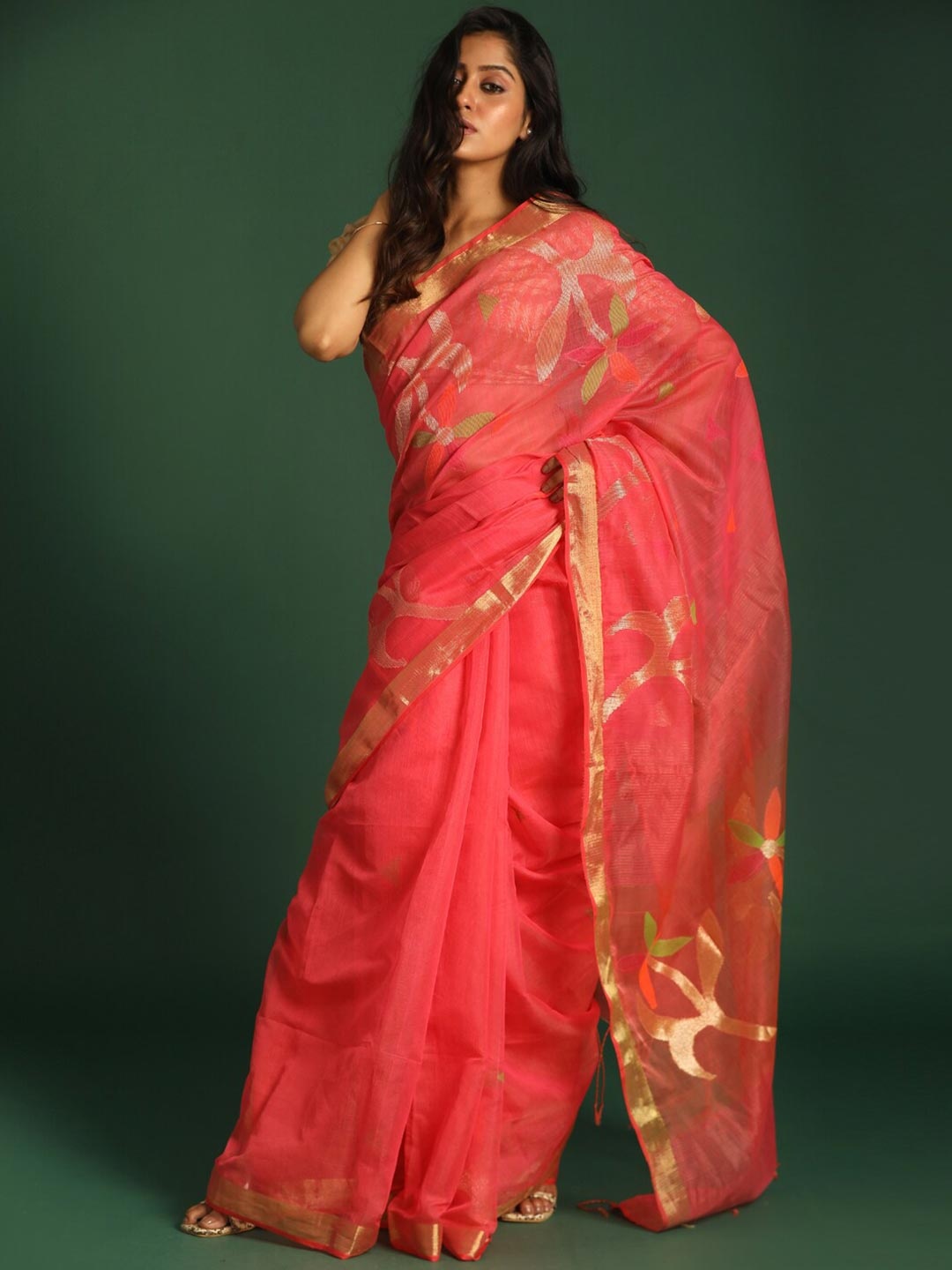 

Indethnic Coral & Gold-Toned Woven Design Zari Jamdani Saree