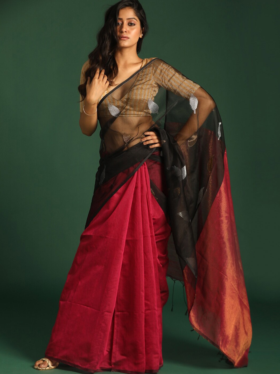 

Indethnic Red & Black Woven Design Zari Half and Half Jamdani Saree