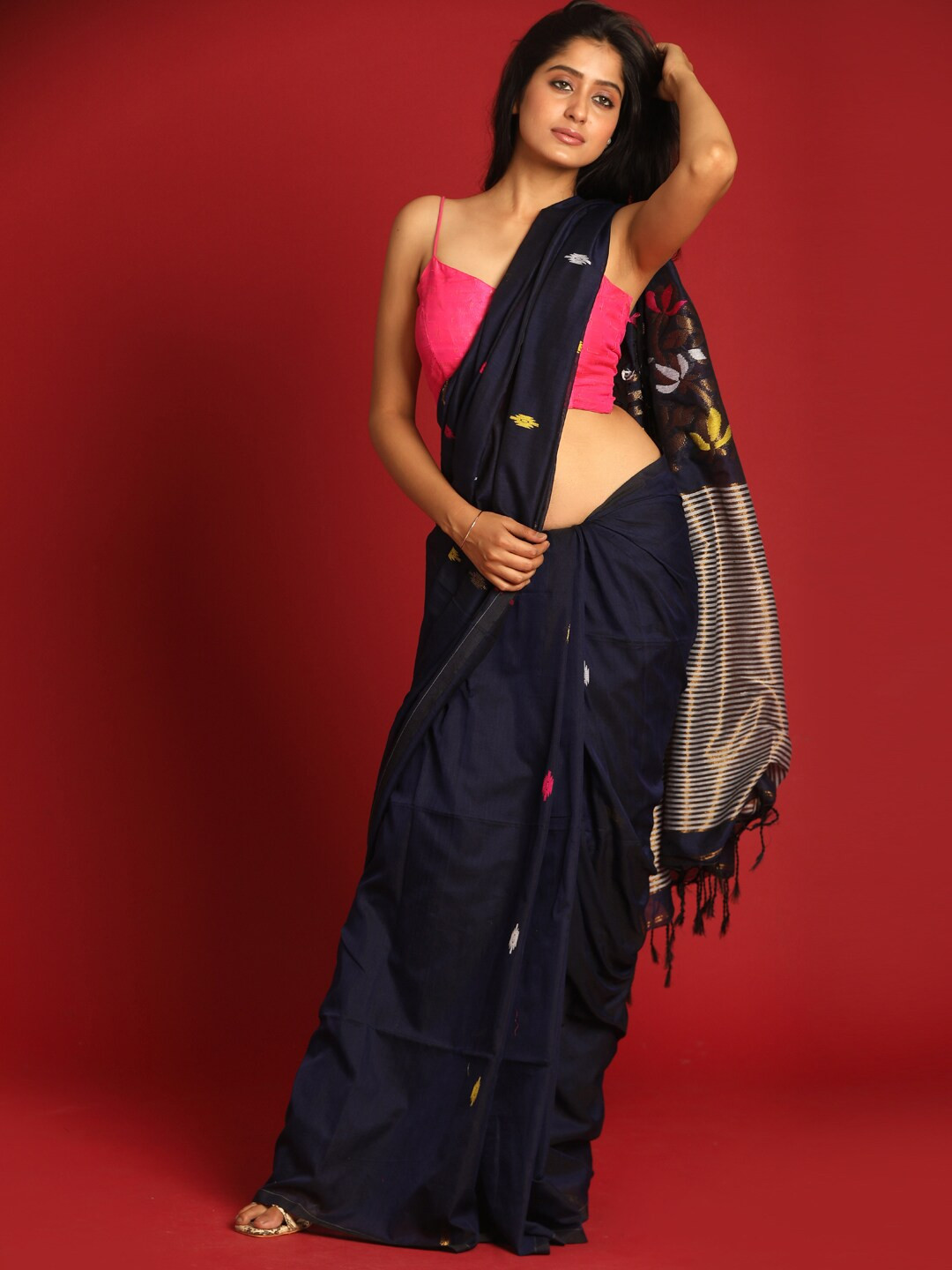 

Indethnic Navy Blue & Pink Woven Design Zari Jamdani Saree