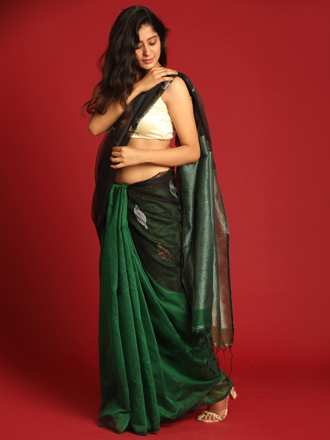 

Indethnic Green & Black Ethnic Motifs Zari Half and Half Jamdani Saree