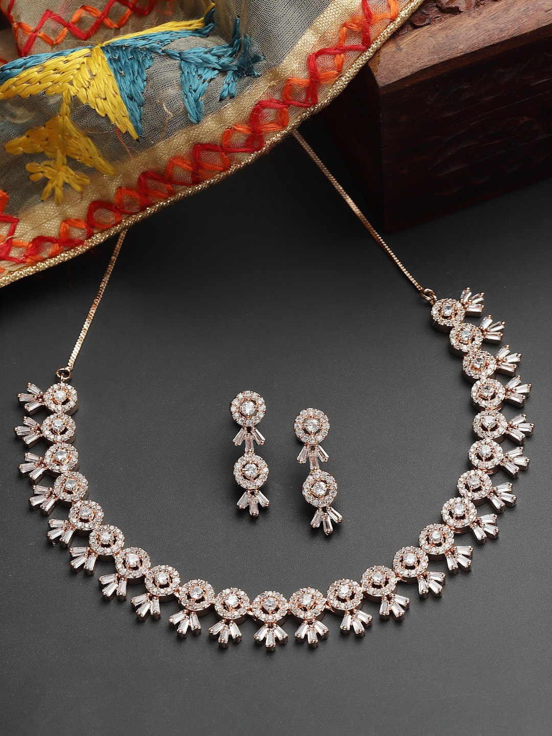 

ZENEME Rose Gold-Plated White AD-Studded Jewellery Set