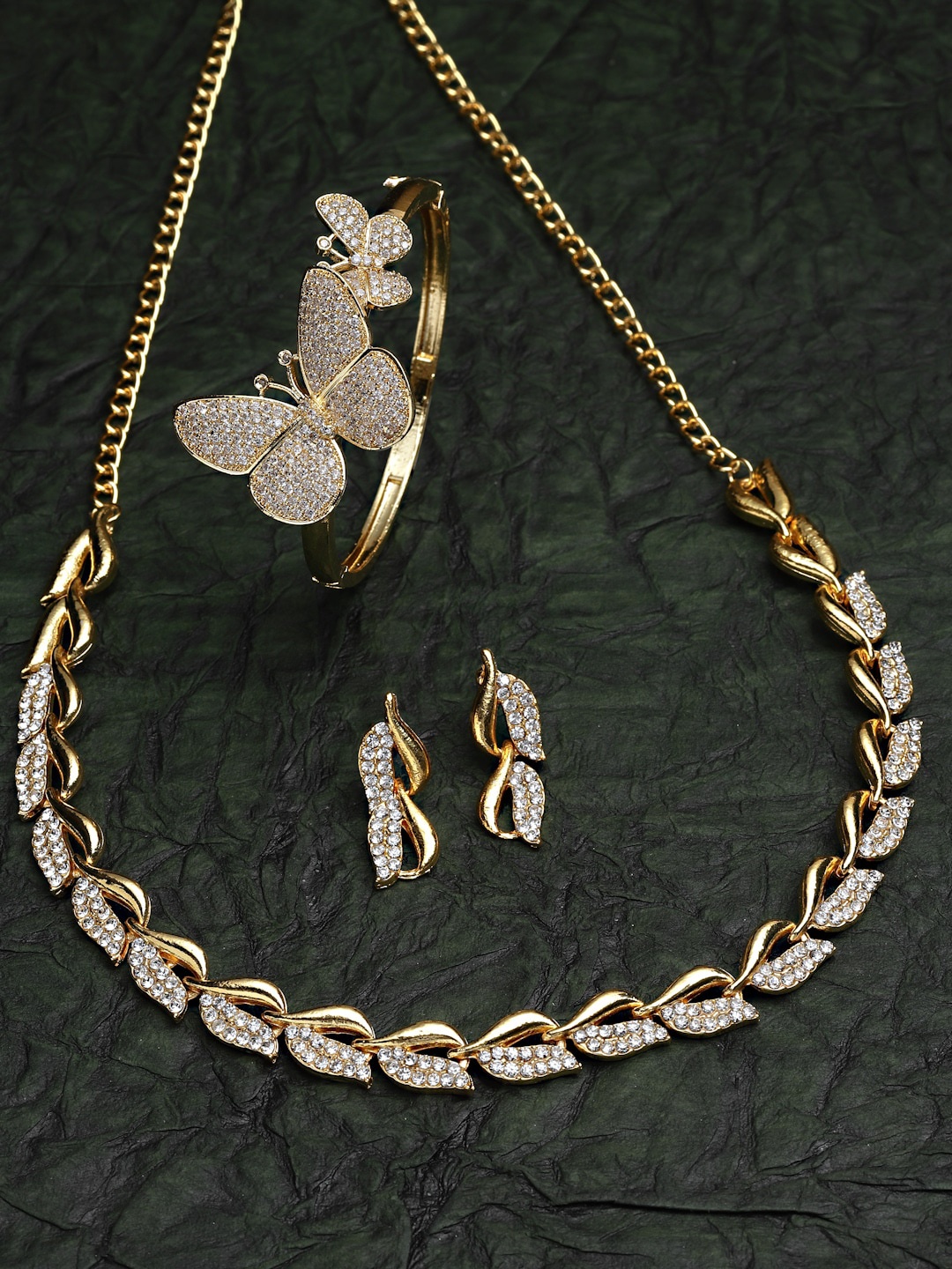 

ZENEME Gold-Plated CZ Stone-Studded Necklace & AD Studded Bracelete Jewellery Set