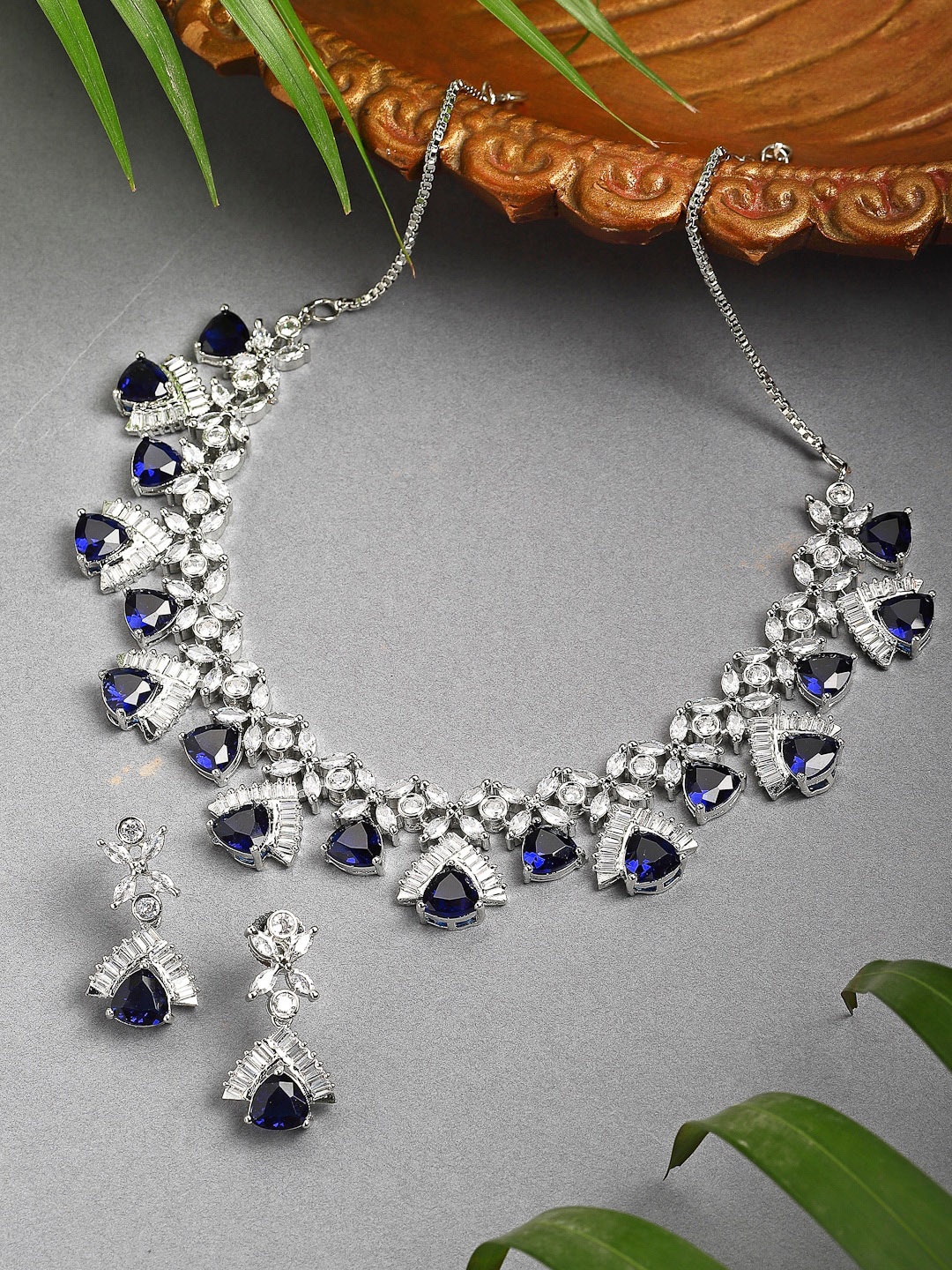 

ZENEME Rhodium-Plated Blue AD Studded Handcrafted Jewellery Set