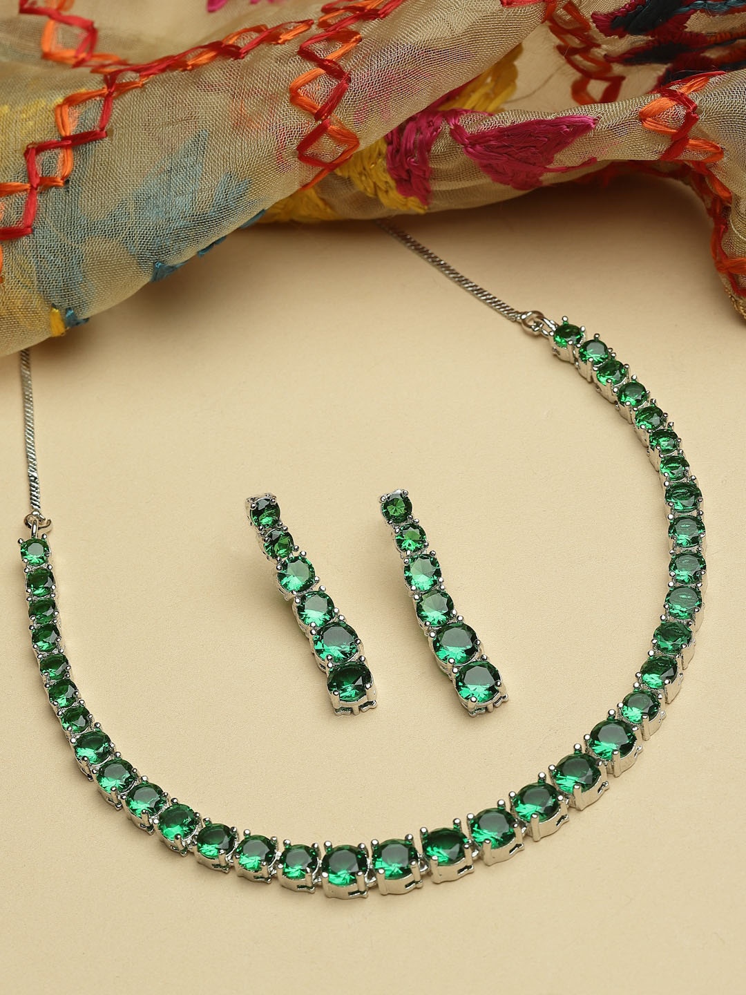 

ZENEME Rhodium-Plated Green AD-Studded Jewellery Set, Silver