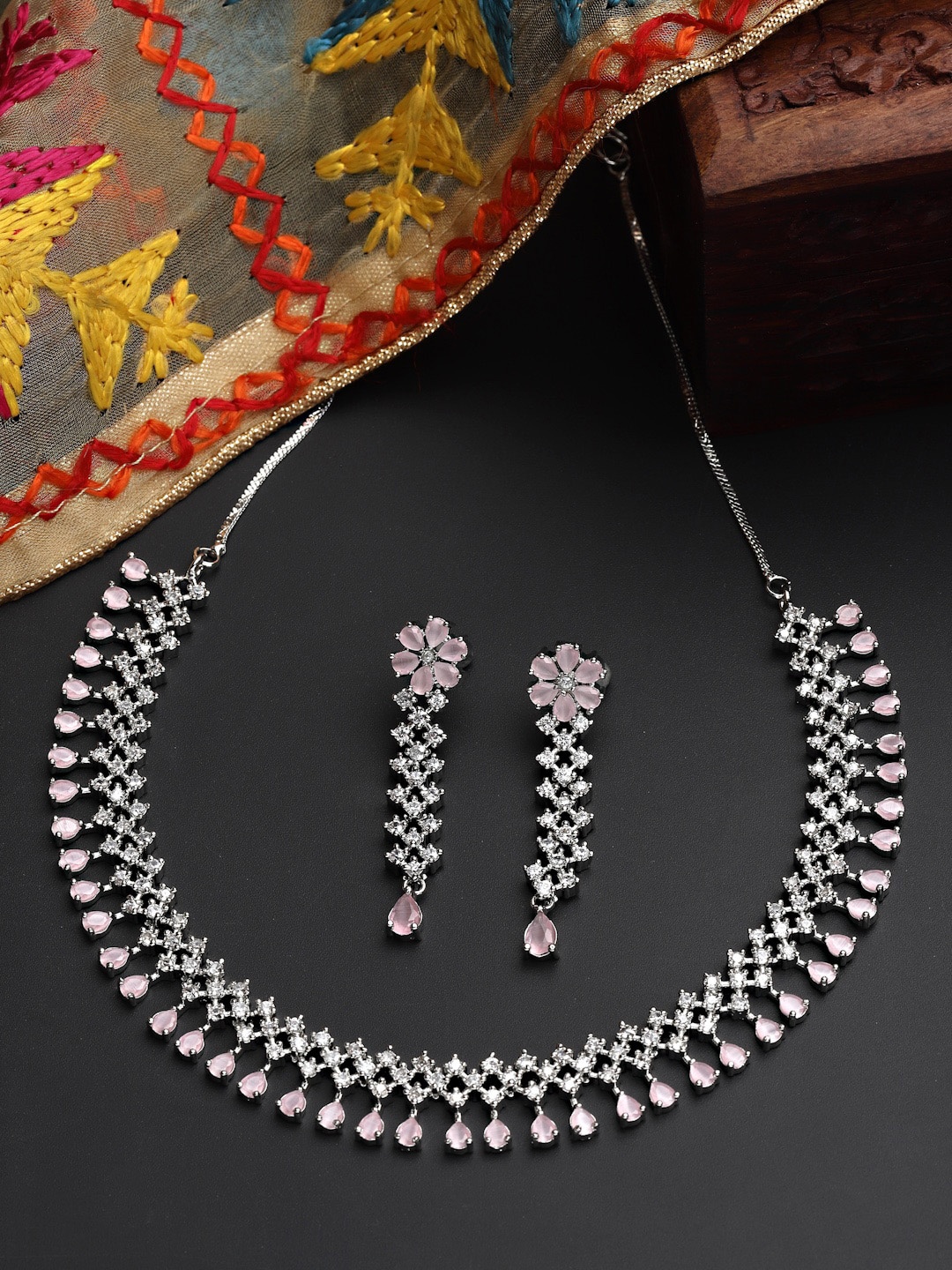 

ZENEME Rhodium-Plated Pink AD-Studded Jewellery Set