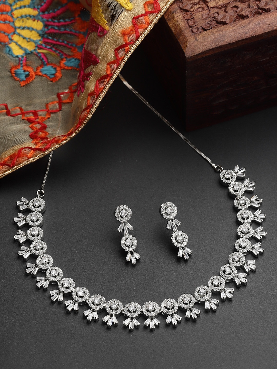 

ZENEME Rhodium-Plated White AD-Studded Jewellery Set, Silver