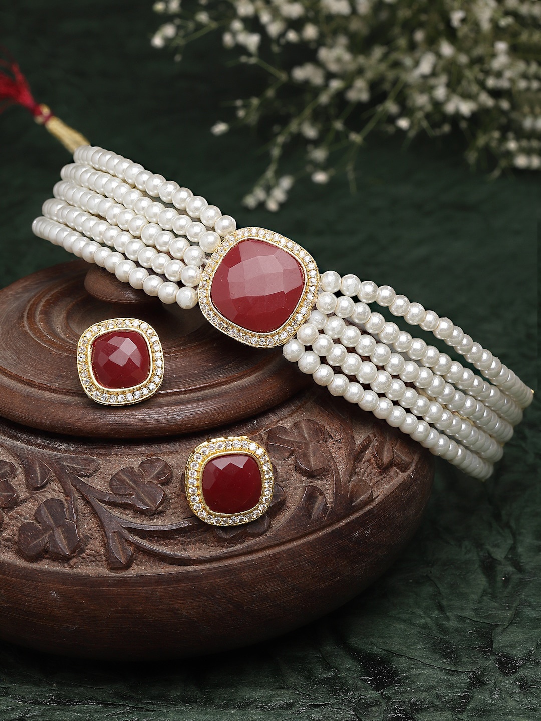 

ZENEME Gold-Plated Red & White Pearls & Stone Studded Jewellery Set