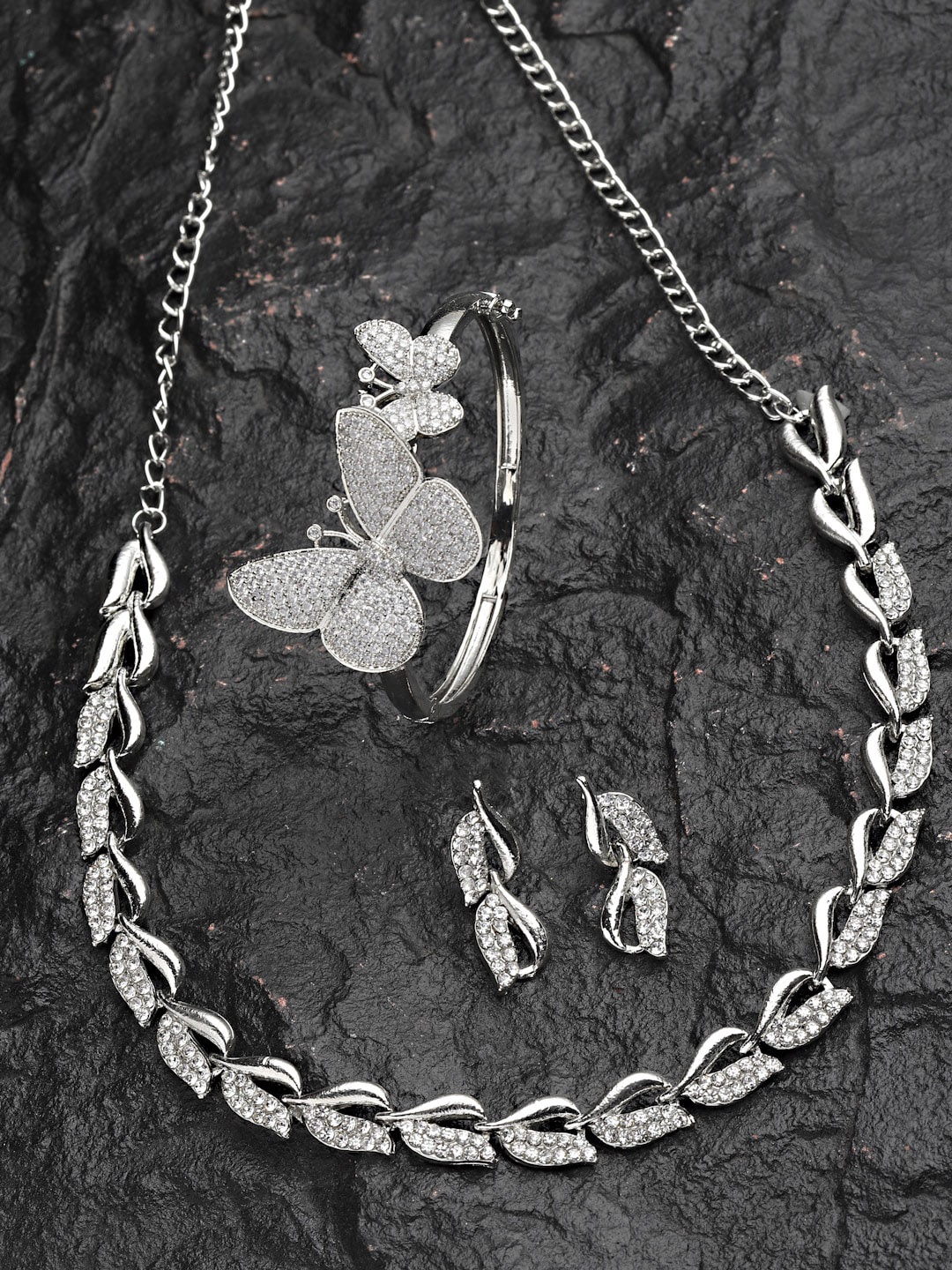 

ZENEME Silver-Toned Stone-Studded Rhodium Plated Jewellery Set