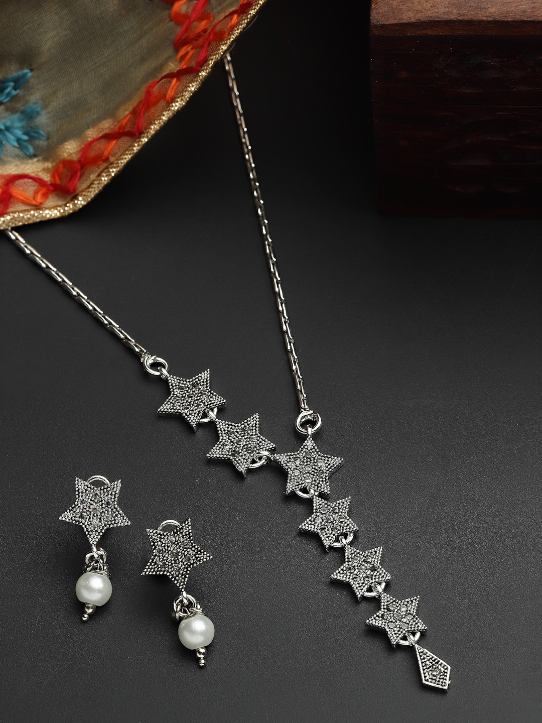 

ZENEME Rhodium-Plated Silver CZ Studded Handcrafted Jewellery Set