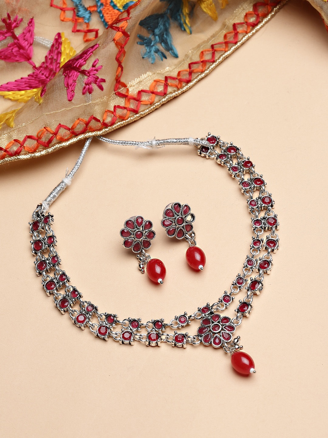 

ZENEME Oxidised Silver-Plated Red AD-Studded & Pearl Beaded Jewellery Set