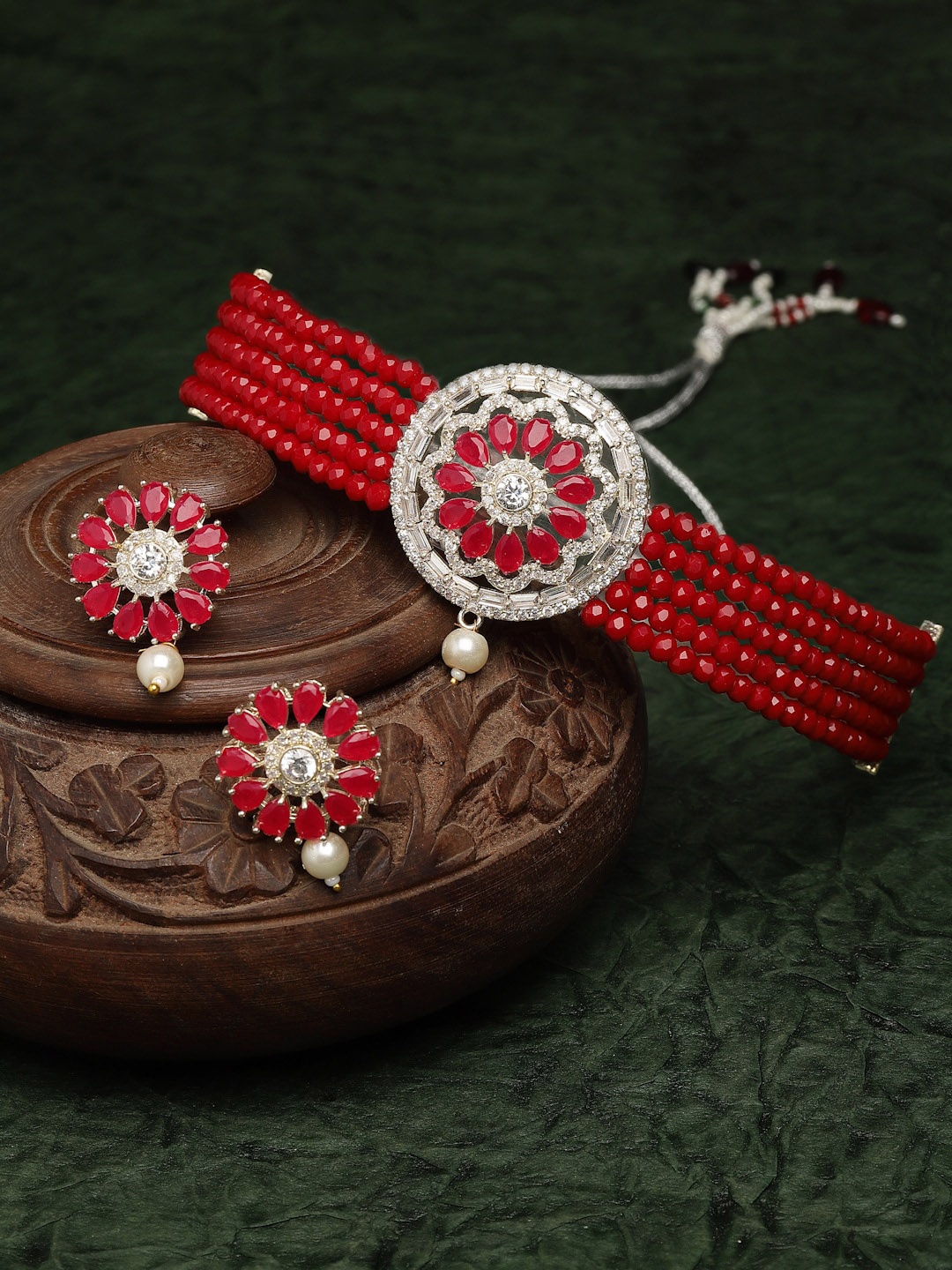 

ZENEME Oxidized Silver-Plated Red Stone-Studded & Pearl-Beaded Jewellery Set