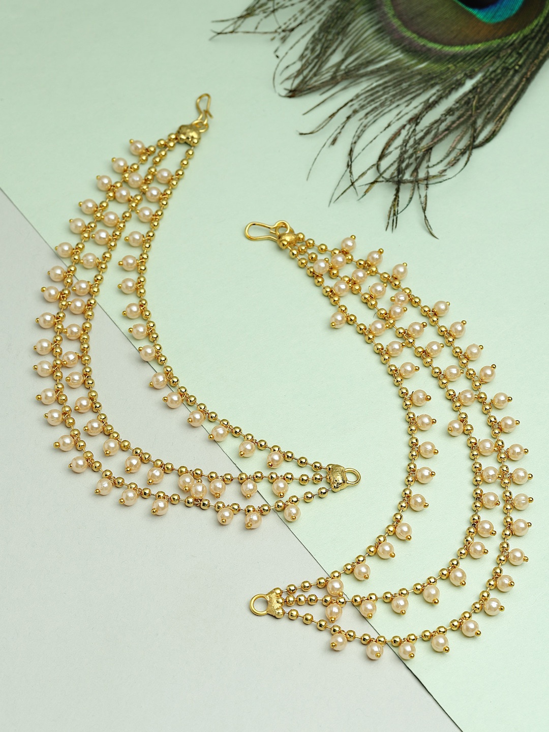 

ZENEME Gold-Toned Drop Beaded Layered Earring Chain