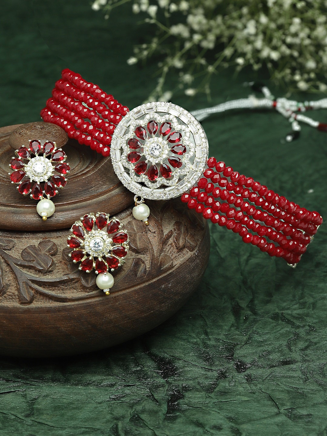 

ZENEME Silver-Plated & Red Stone Studded Jewellery Set