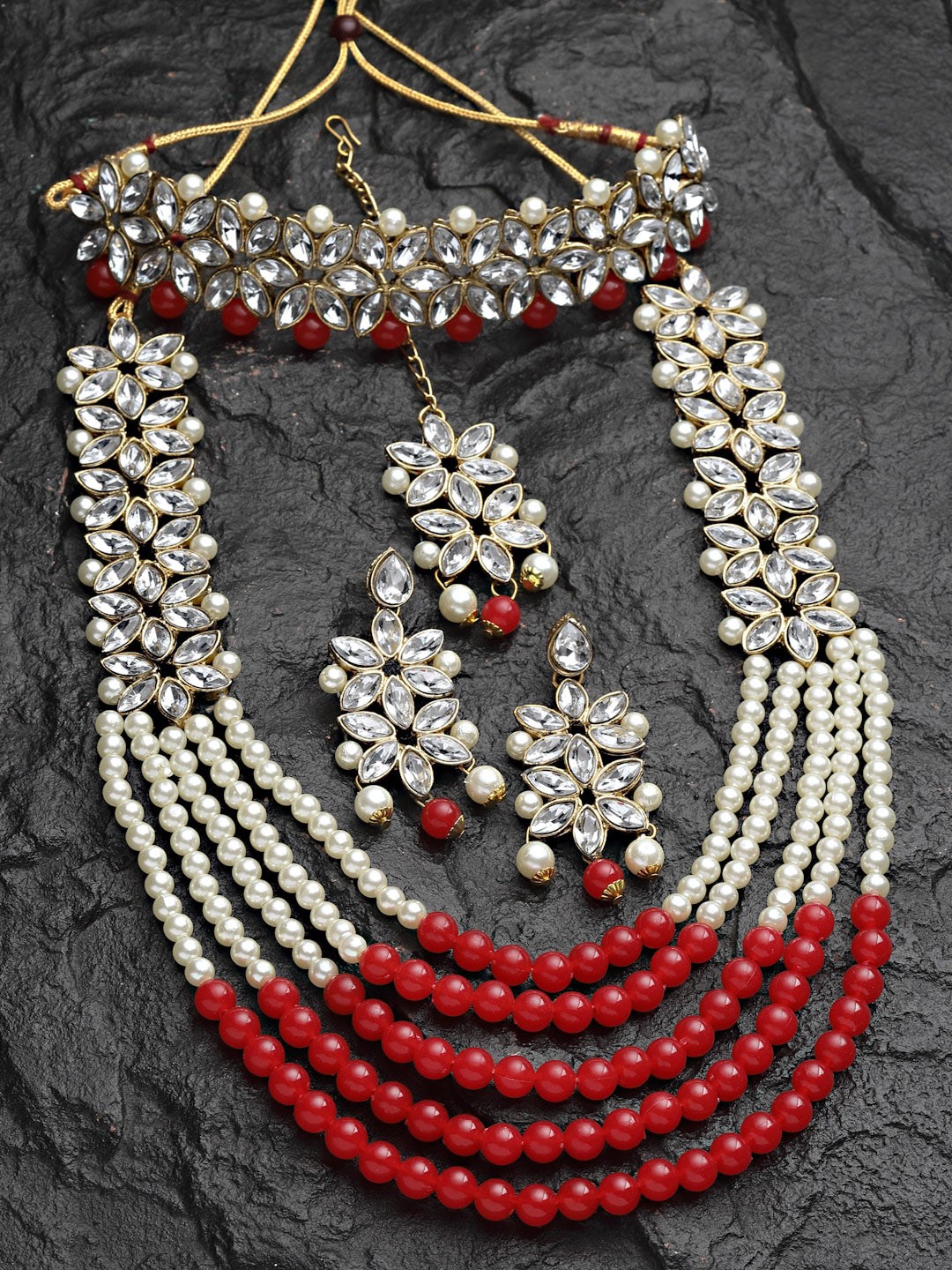 

ZENEME Gold-Plated & Red Kundan-Studded & Pearl Beaded Antique Jewellery Set