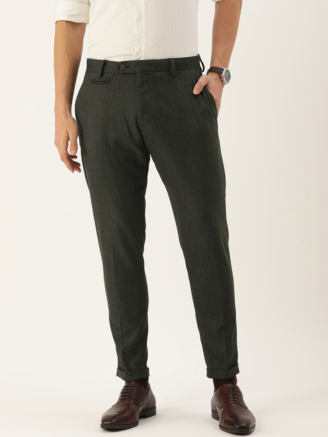 

Peter England Men Green Textured Carrot Skinny Fit Trousers
