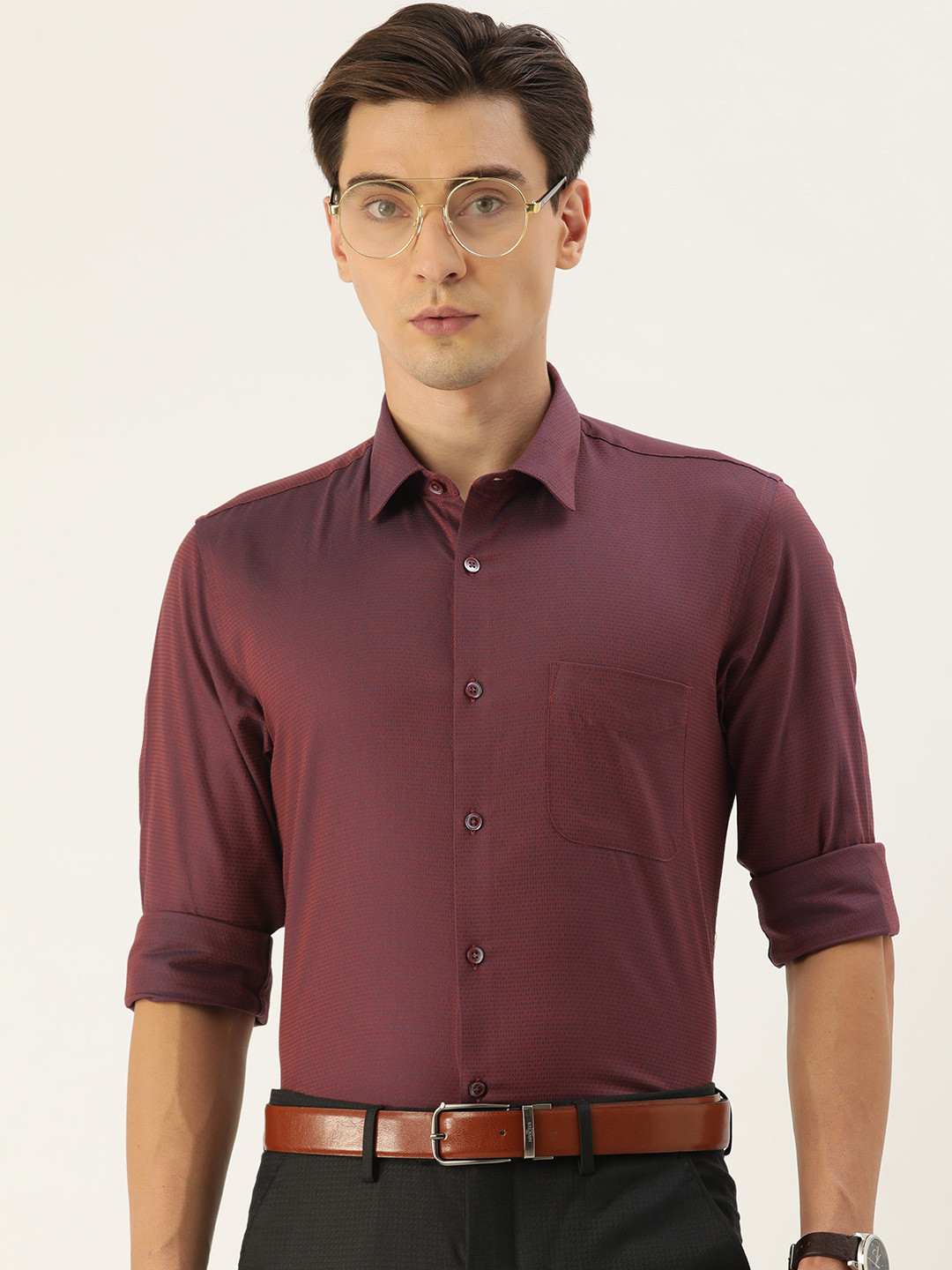 

Peter England Men Maroon & Blue Textured Slim Fit Pure Cotton Formal Shirt