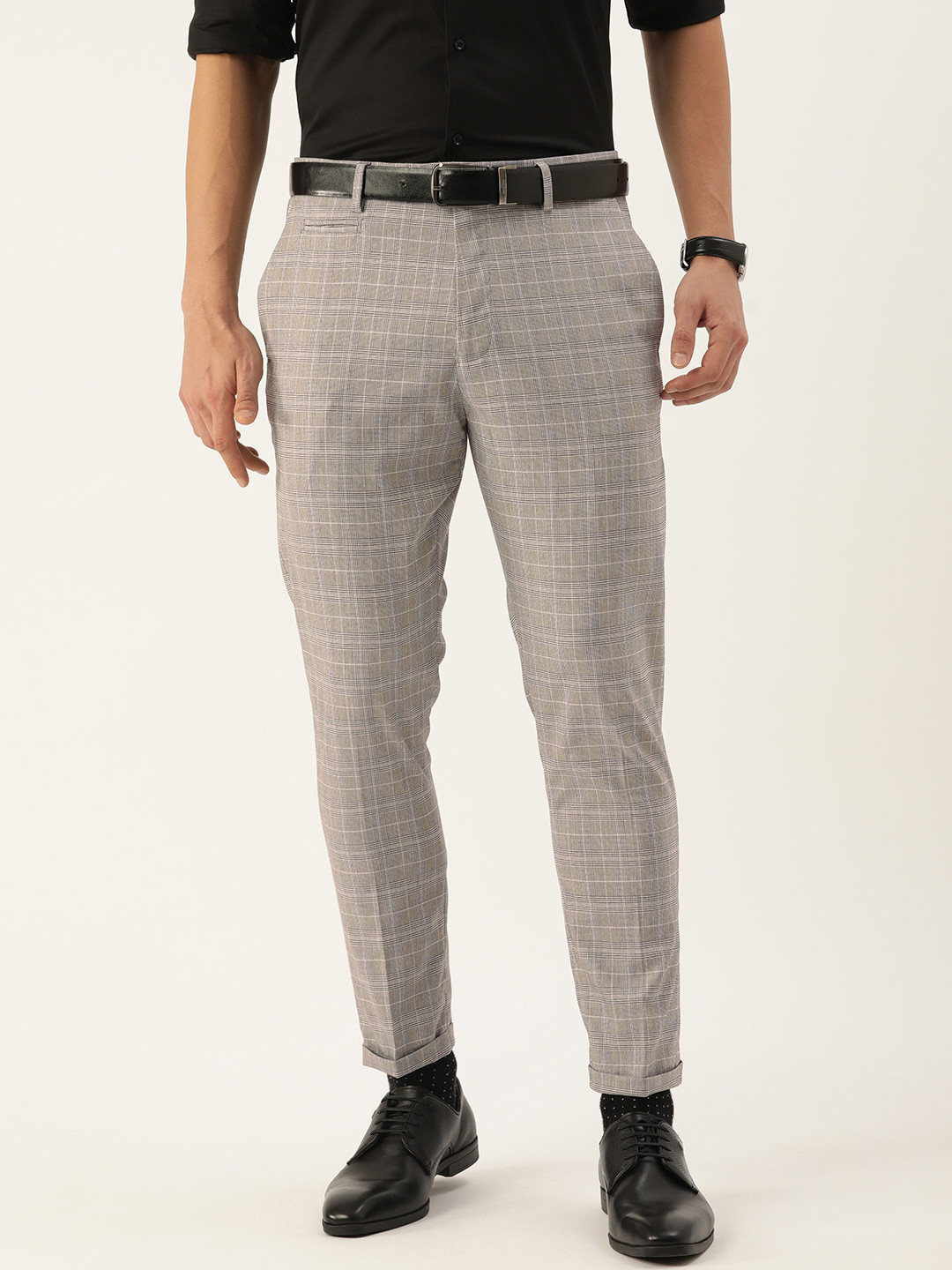 

Peter England Men Grey Checked Carrot Skinny Fit Formal Trousers