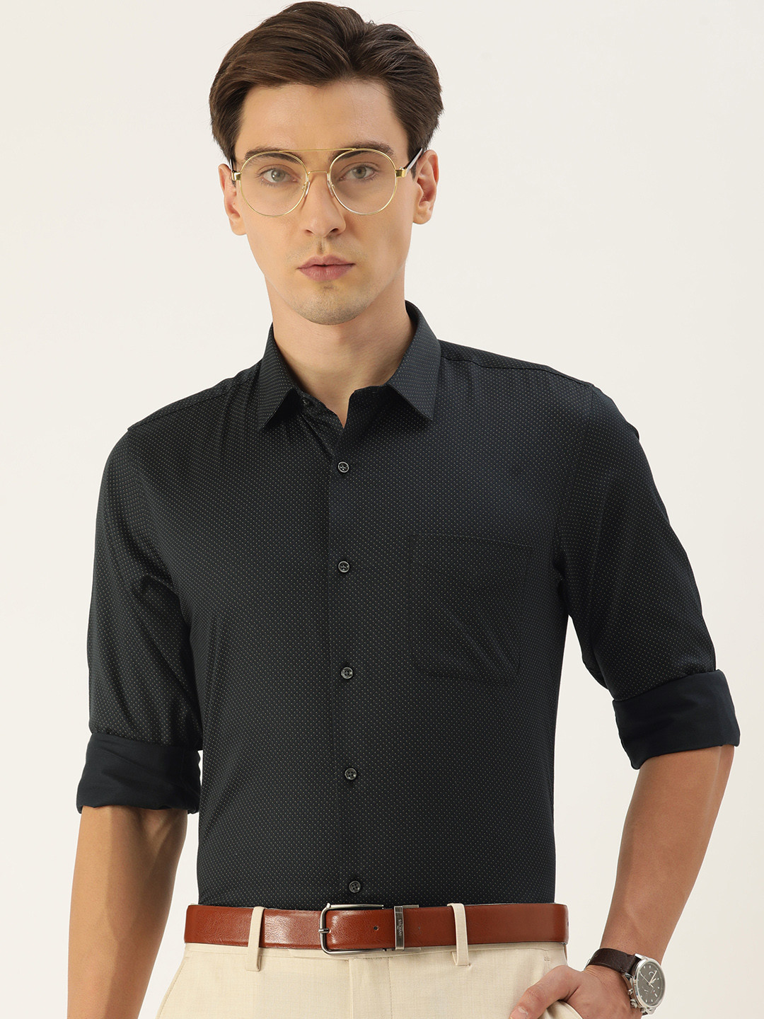 

Peter England Men Black & Grey Slim Fit Printed Pure Cotton Formal Shirt