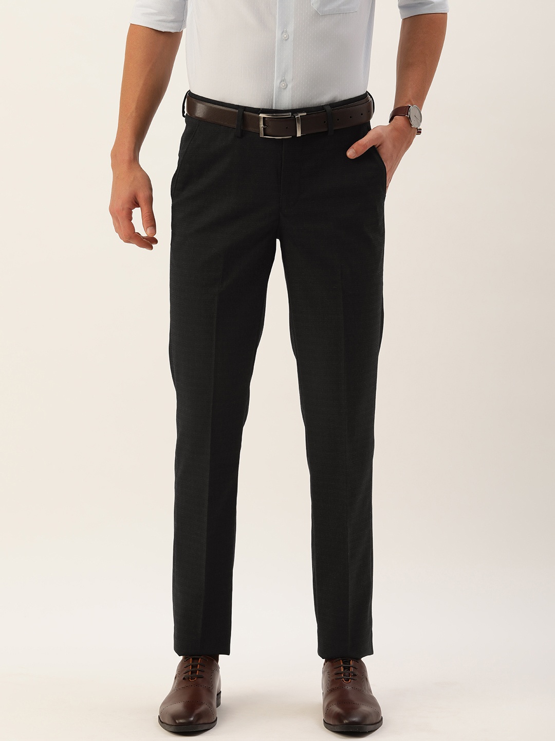 

Peter England Men Black Solid Slim Fit Easy Wash Formal Trousers