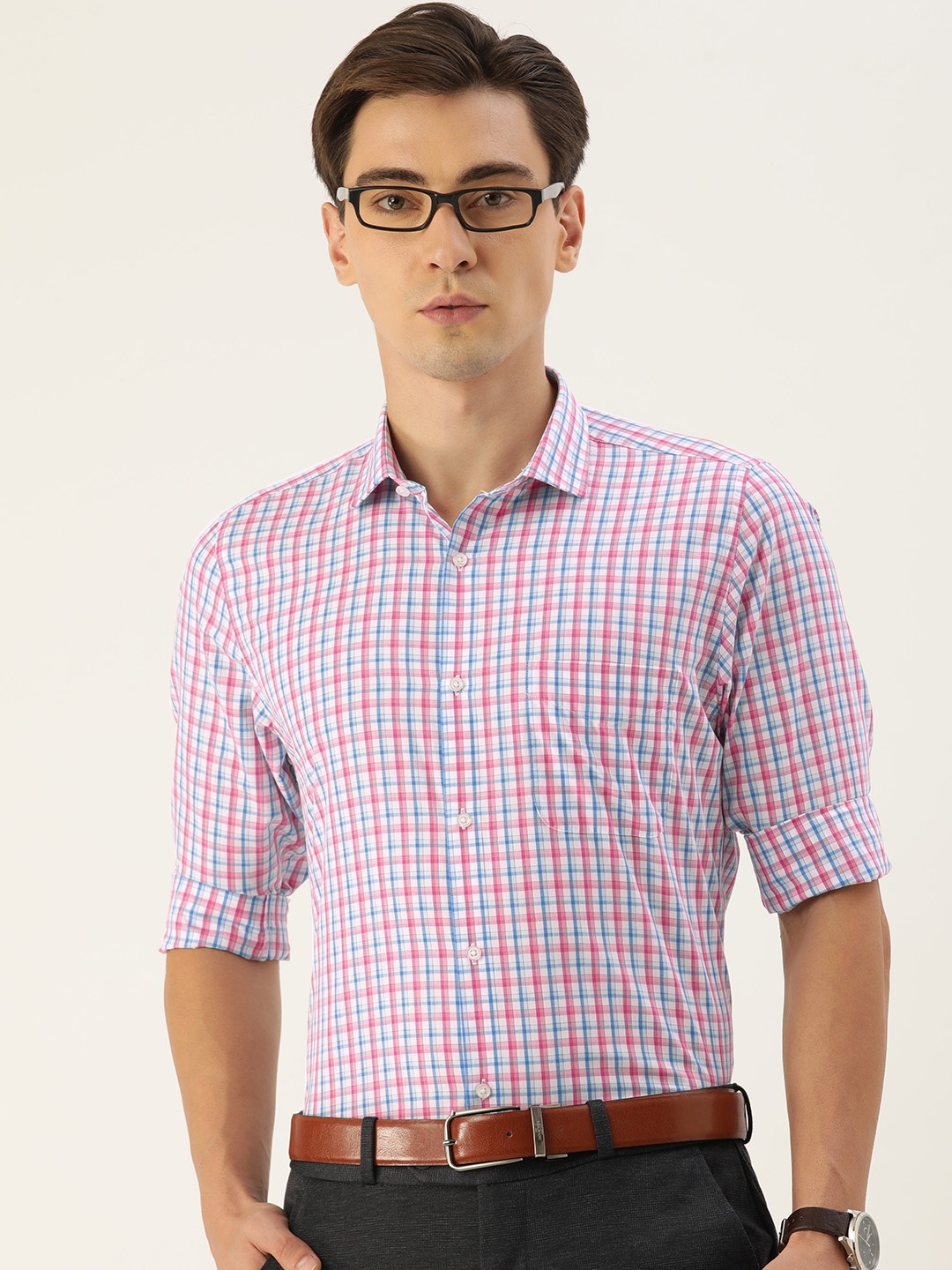 

Peter England Men Pink And Blue Slim Fit Checked Formal Shirt