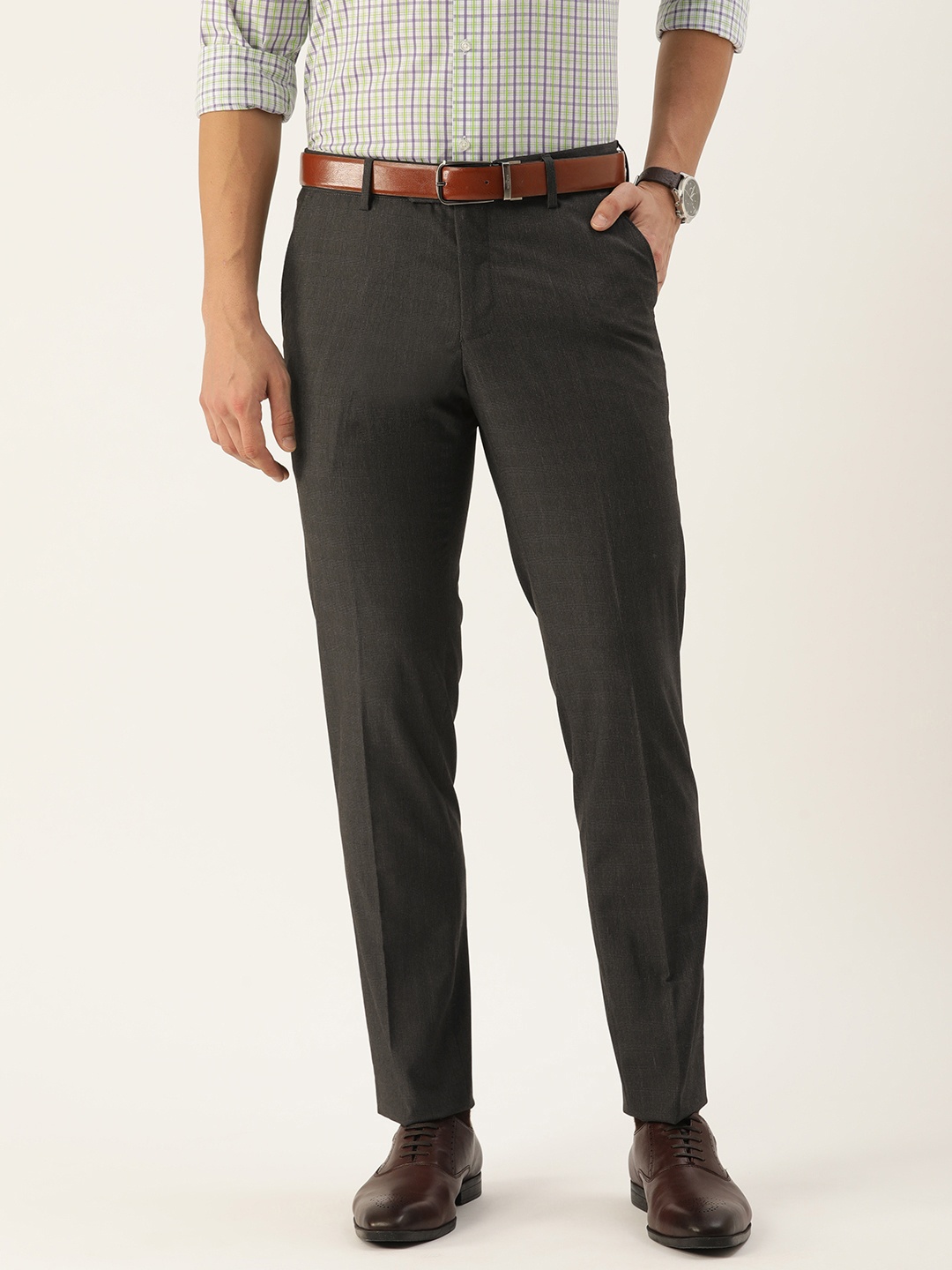 

Peter England Men Charcoal Black Checked Slim Fit Trousers