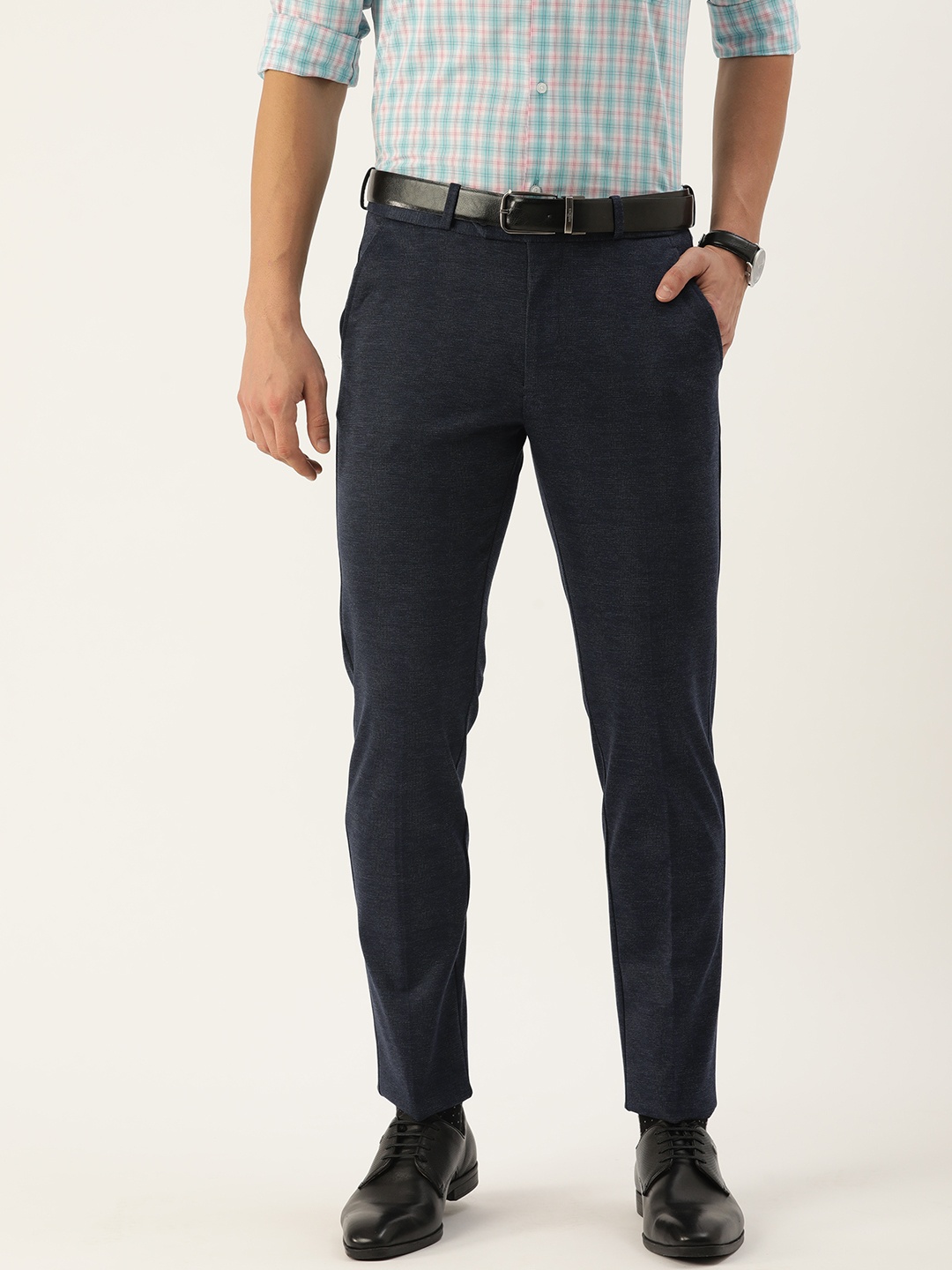 

Peter England Men Navy Blue Solid Super Slim Fit Trousers
