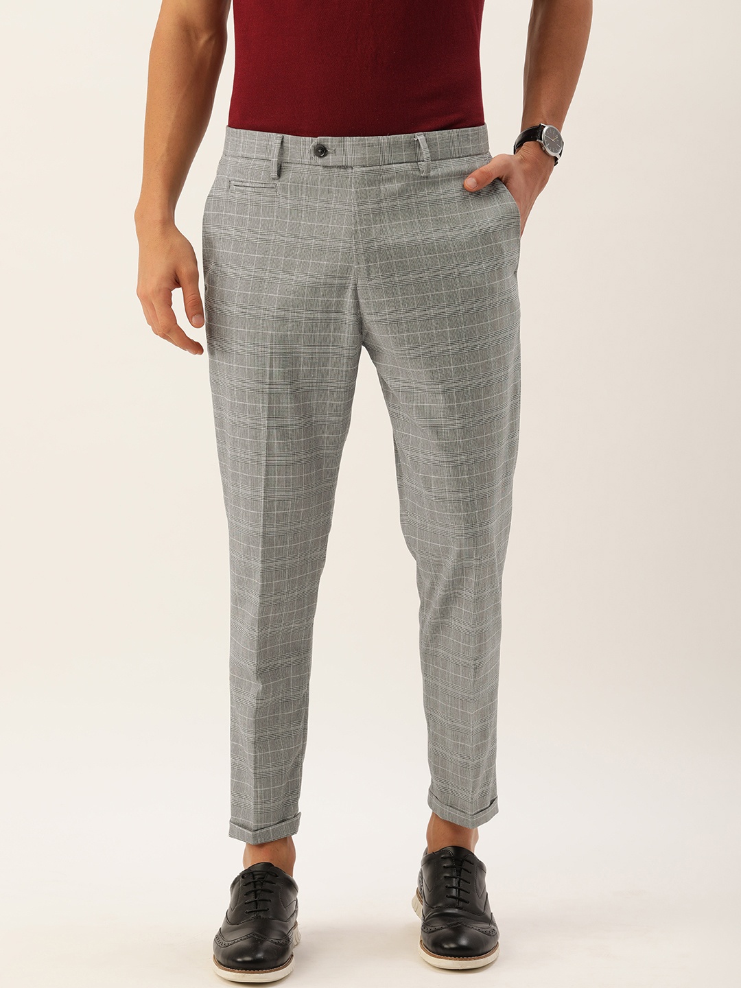 

Peter England Men Grey Checked Skinny Fit Formal Trousers