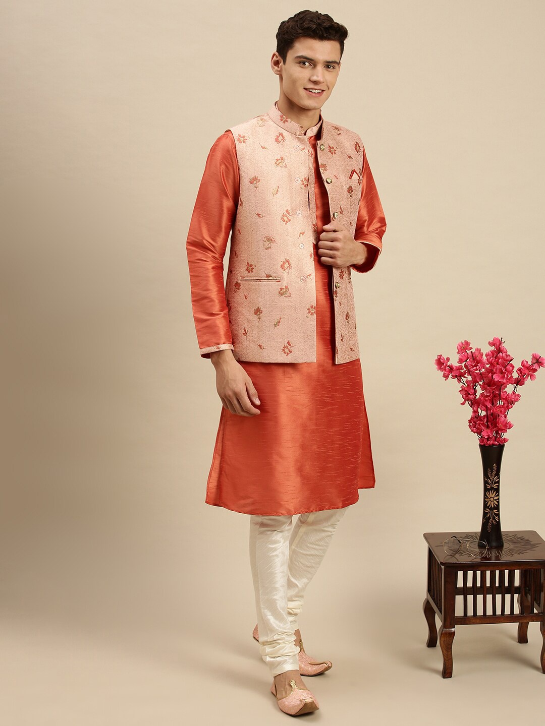 

Sanwara Men Peach-Coloured Kurta Nehru Jacket Set with Churidar