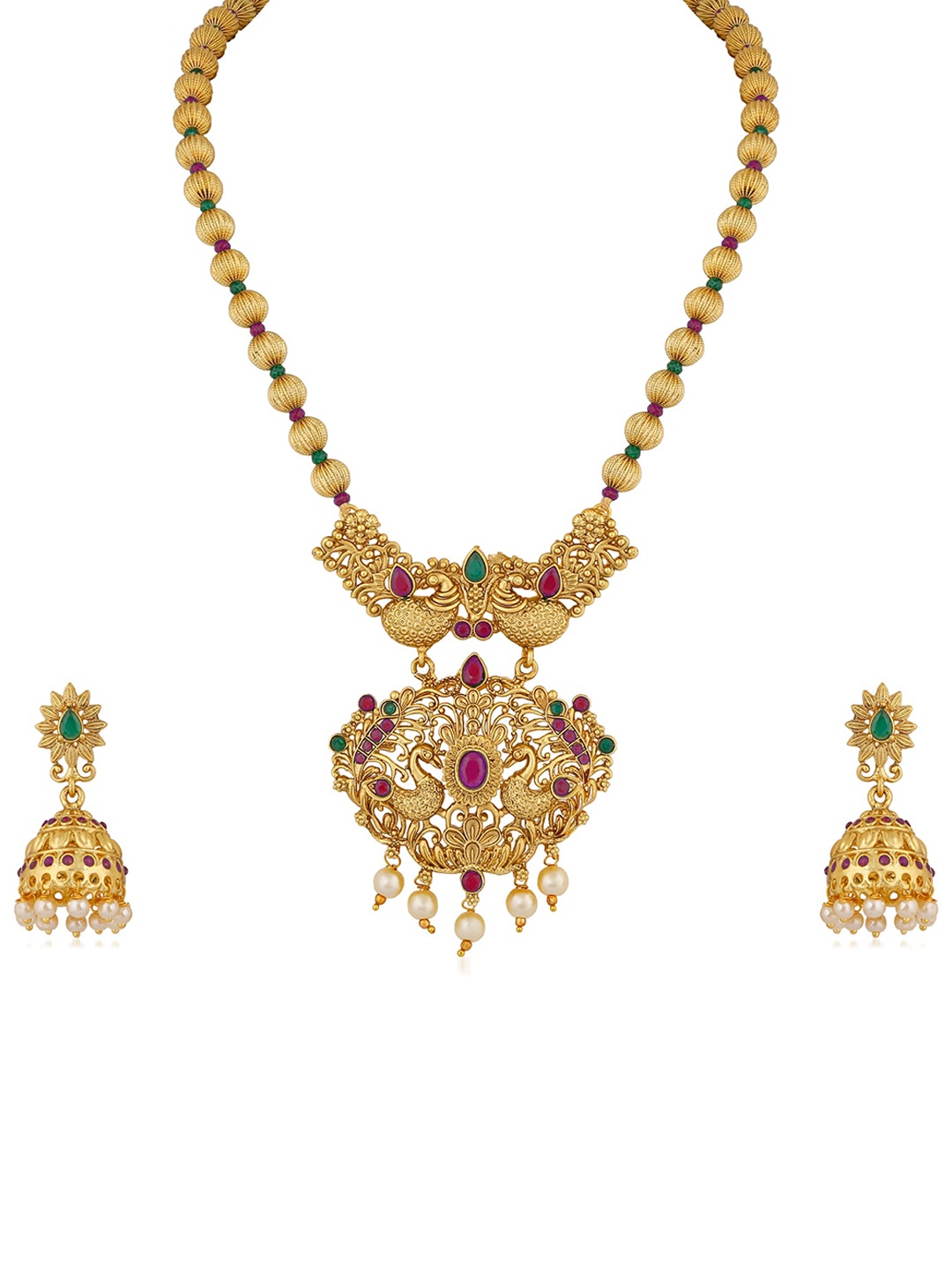 

APARA Gold-Plated Green & Pink Stone Studded & Beaded Jewellery Set