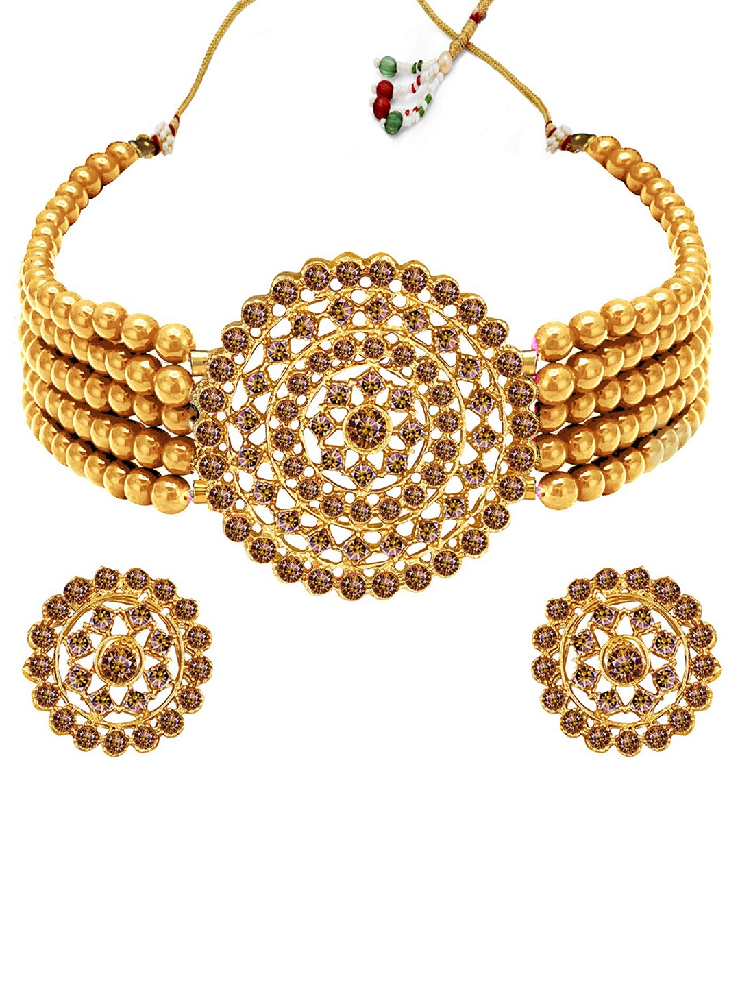 

APARA Gold-Plated Gold-Toned & White Stone Studded & Beaded Jewellery Set
