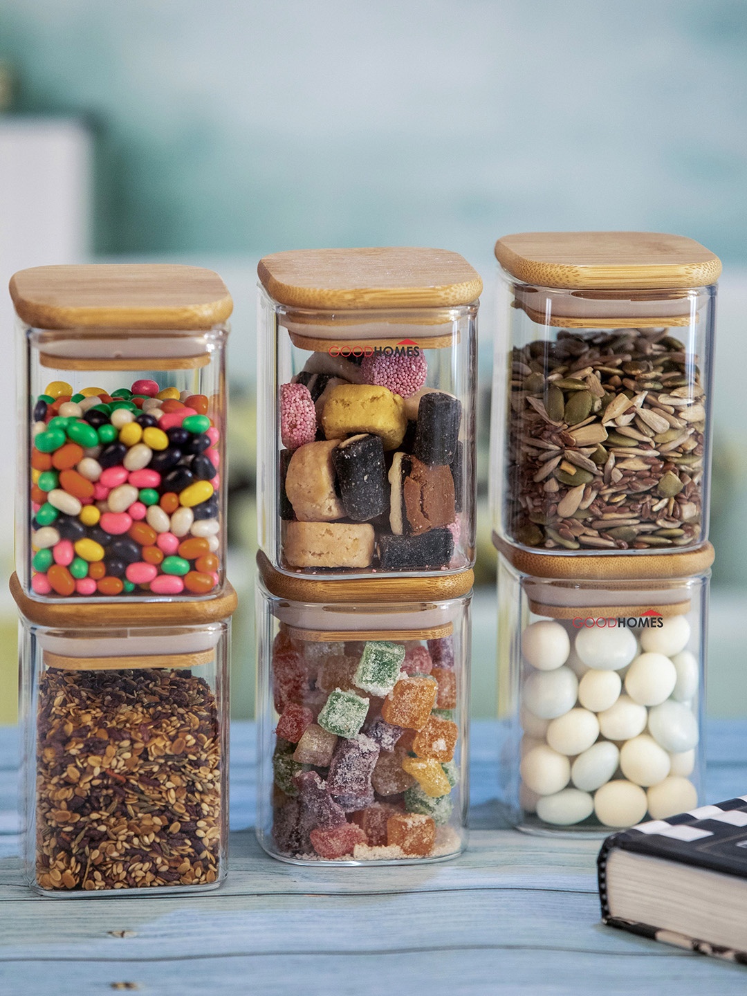 

GOODHOMES Transparent Glass Solid Set Of 6 Storage Jar with Wooden Lid