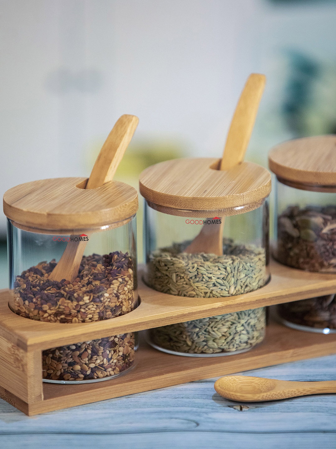 

GOODHOMES Set Of 3 Transparent & Beige Solid Glass Jar With Wooden Lid Spoon & Stand