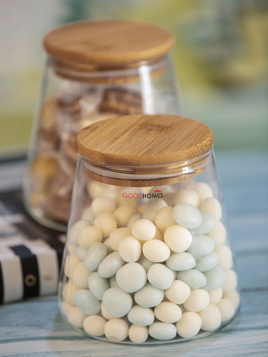 

Goodhomes Set of 2 Glass Storage Jar with Wooden Lid, Transparent