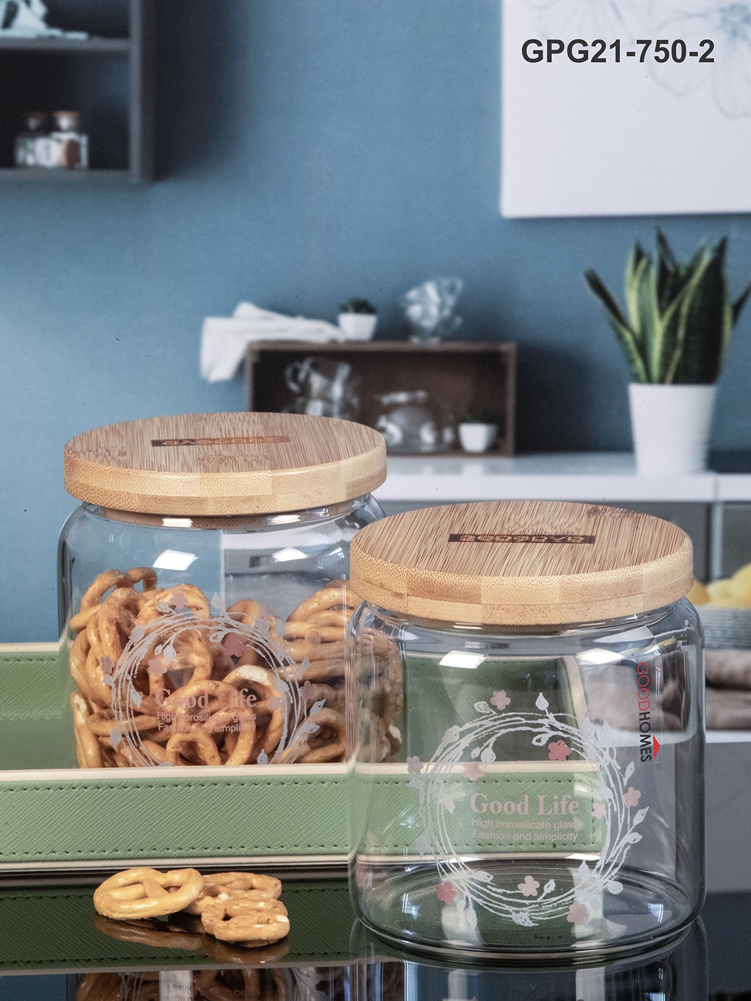 

GOODHOMES Set of 2 Transparent & Brown Glass Storage Jar with Wooden Lid
