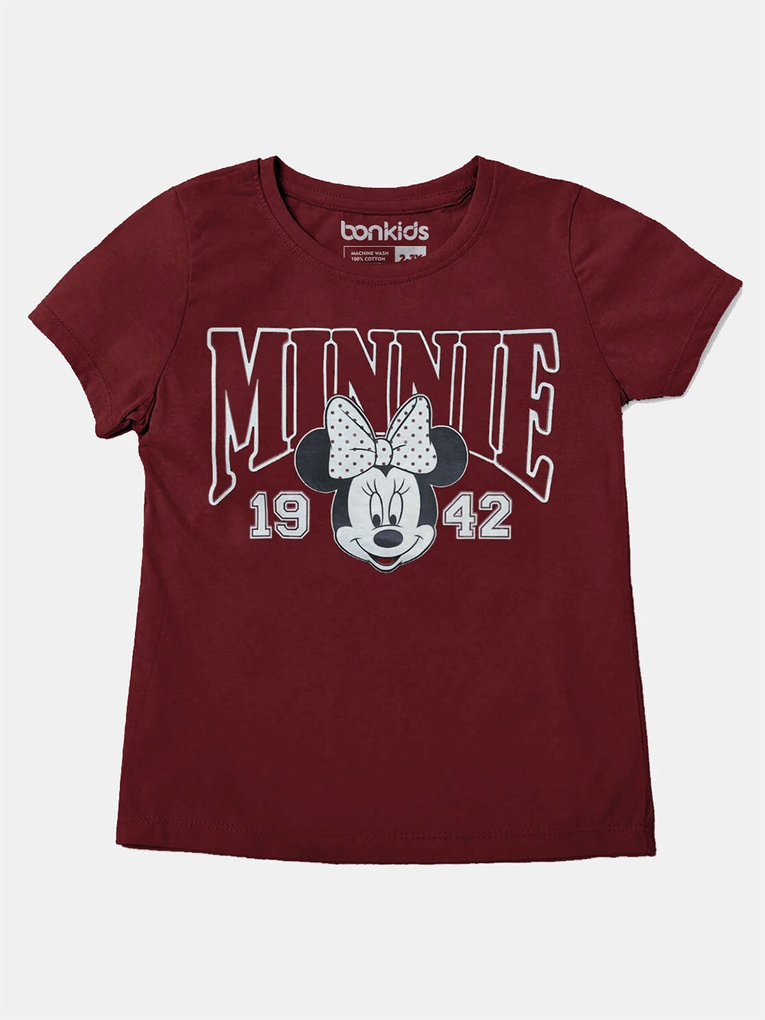 

BONKIDS Girls Maroon Typography Minnie Mouse Printed T-shirt