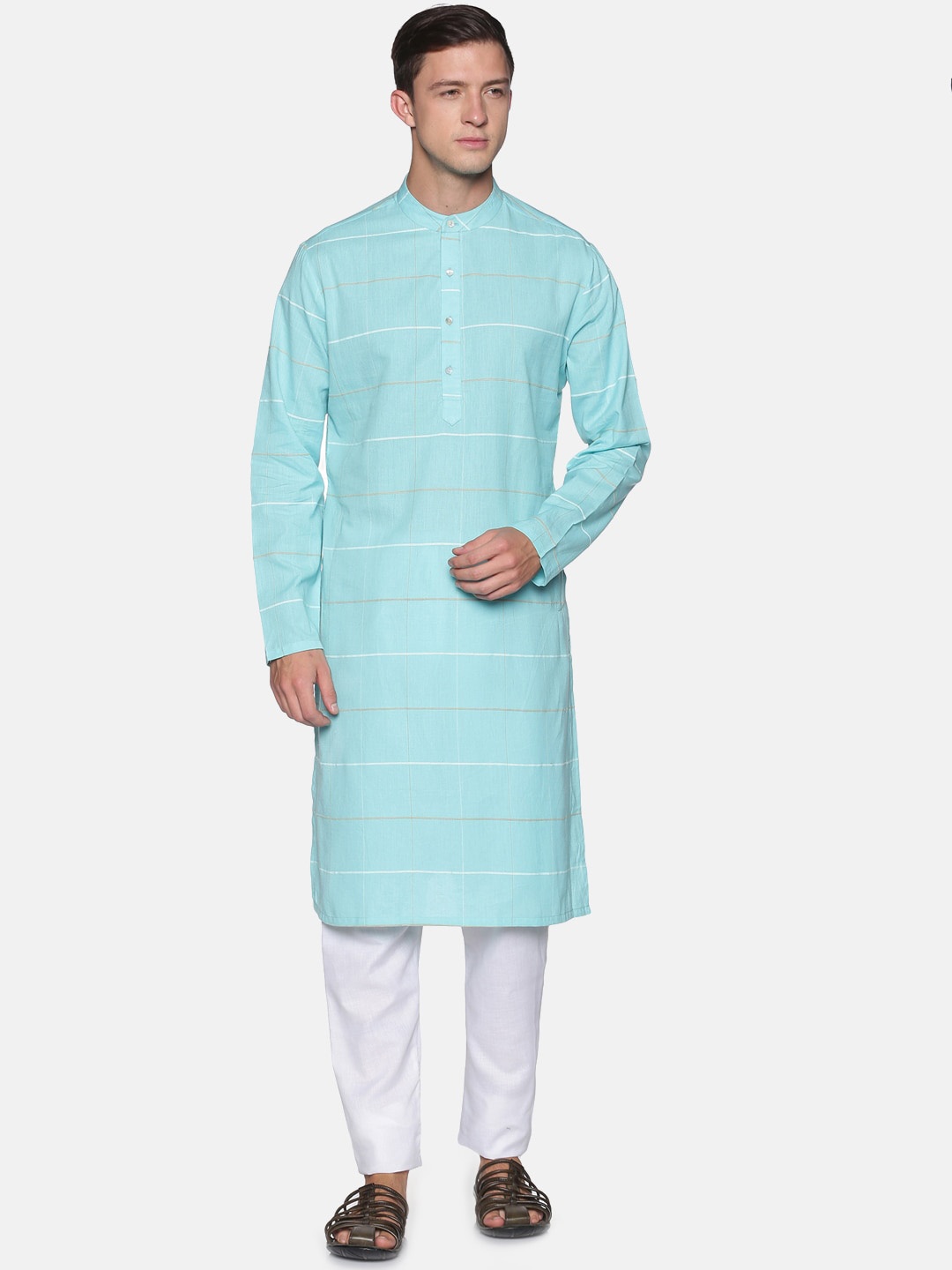 

Saffron Threads Men Turquoise Blue Checked Kurta