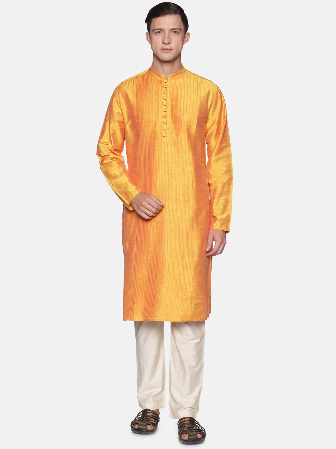 

Saffron Threads Men Mustard Yellow Pintuck Detail Kurta