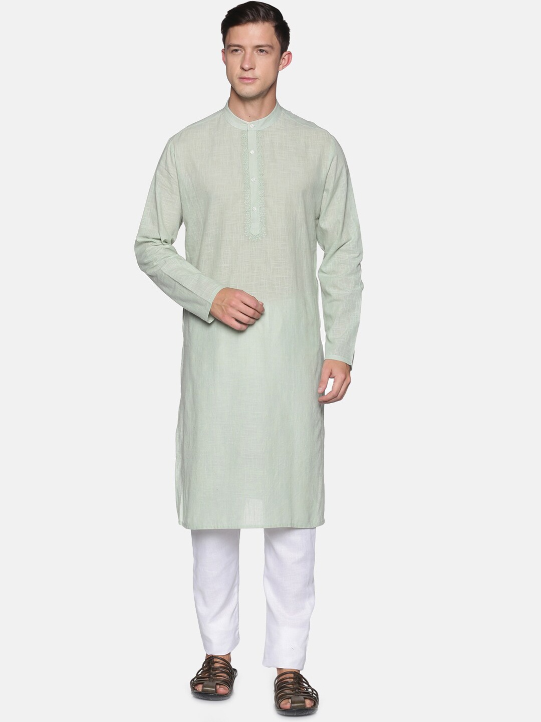 

Saffron Threads Men Pastel Green Slub Self Embroidered Neck Kurta