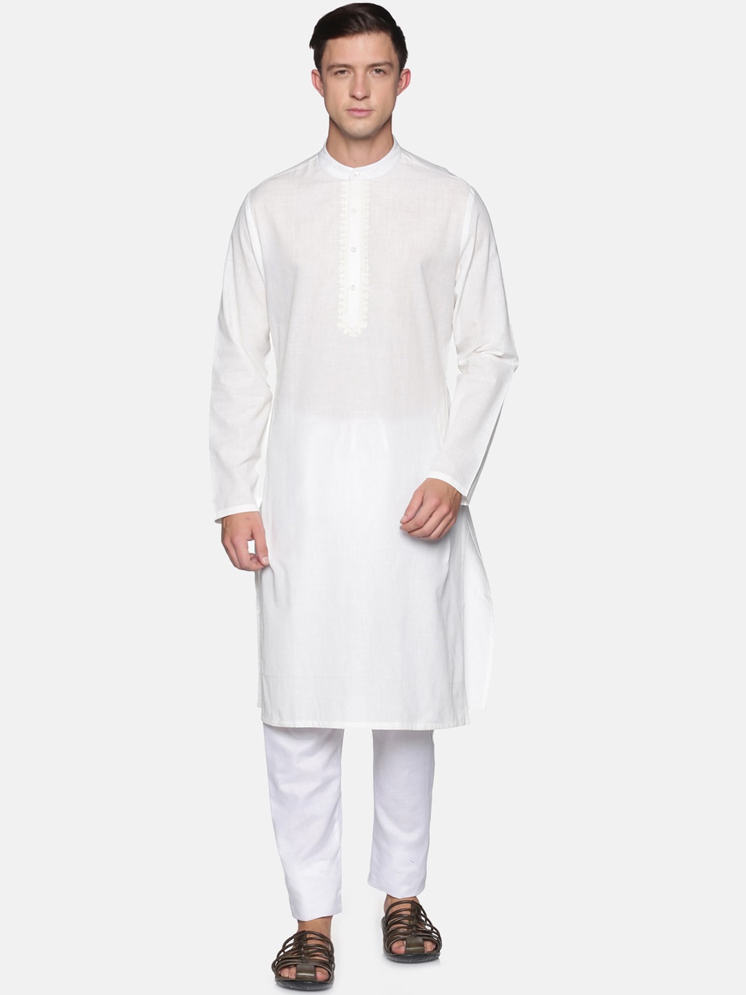

Saffron Threads Men White Self Embroidered Neck Kurta