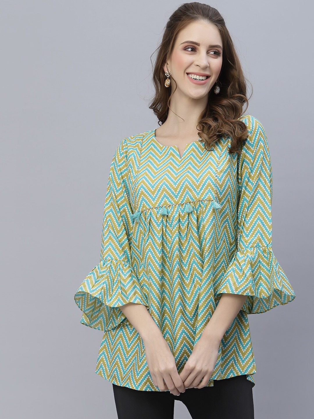 

TANKHI Green & Nude-Coloured Modal Printed Tunic