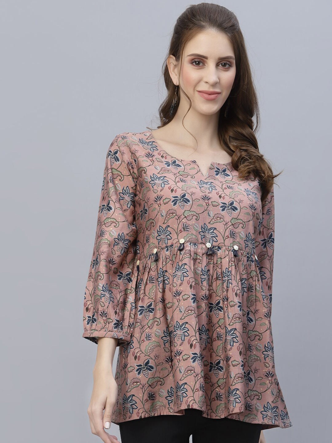 

TANKHI Peach-Coloured & Green Modal Printed Tunic
