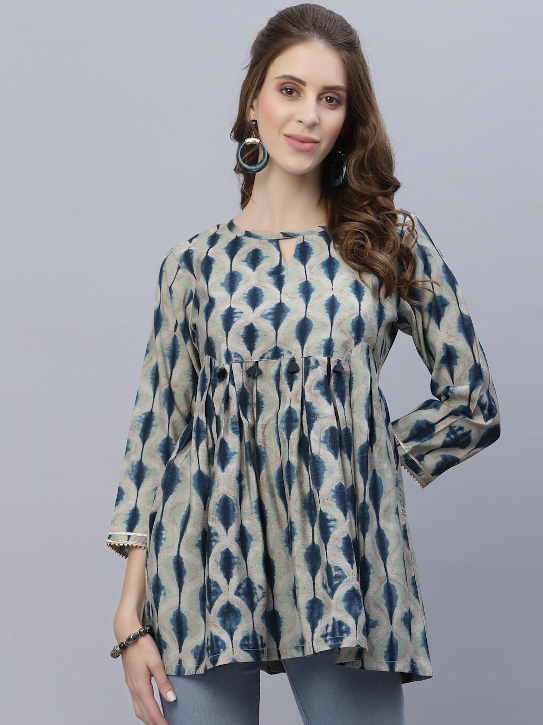 

TANKHI Beige & Blue Modal Printed Tunic