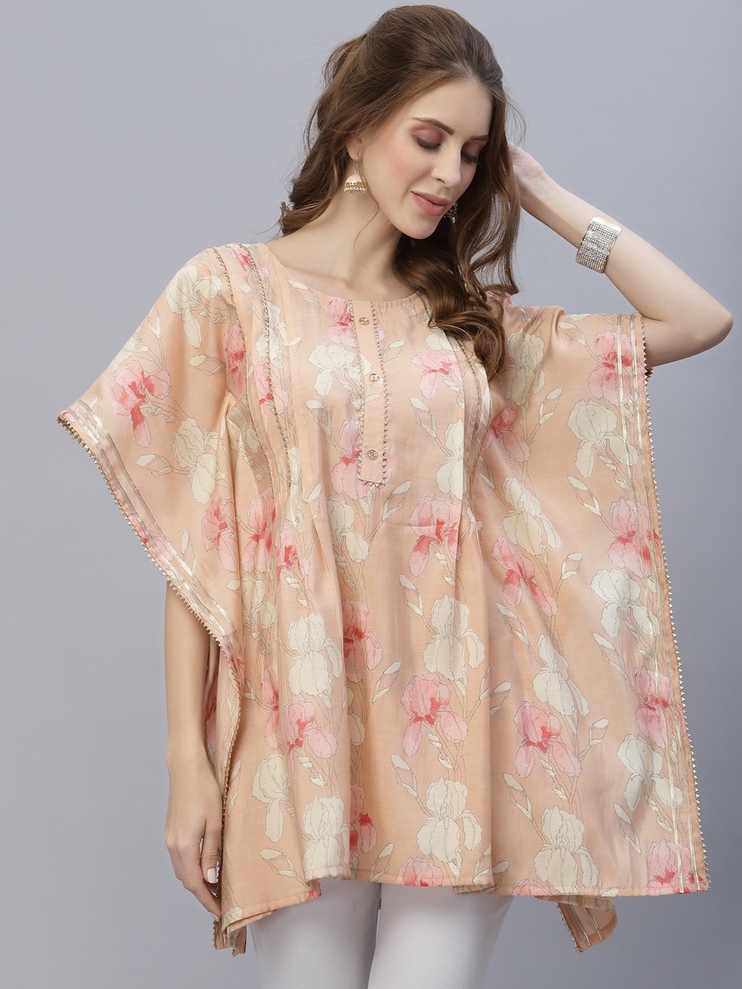 

TANKHI Women Peach-Coloured Floral Printed Kaftan Kurta