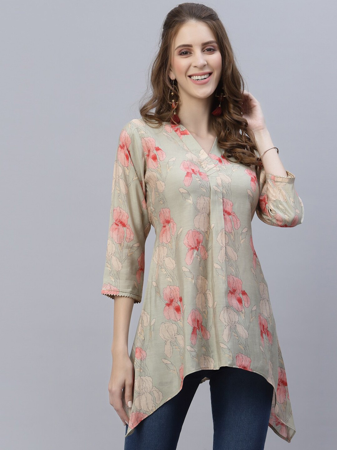 

TANKHI Green & Pink Modal Printed Tunic
