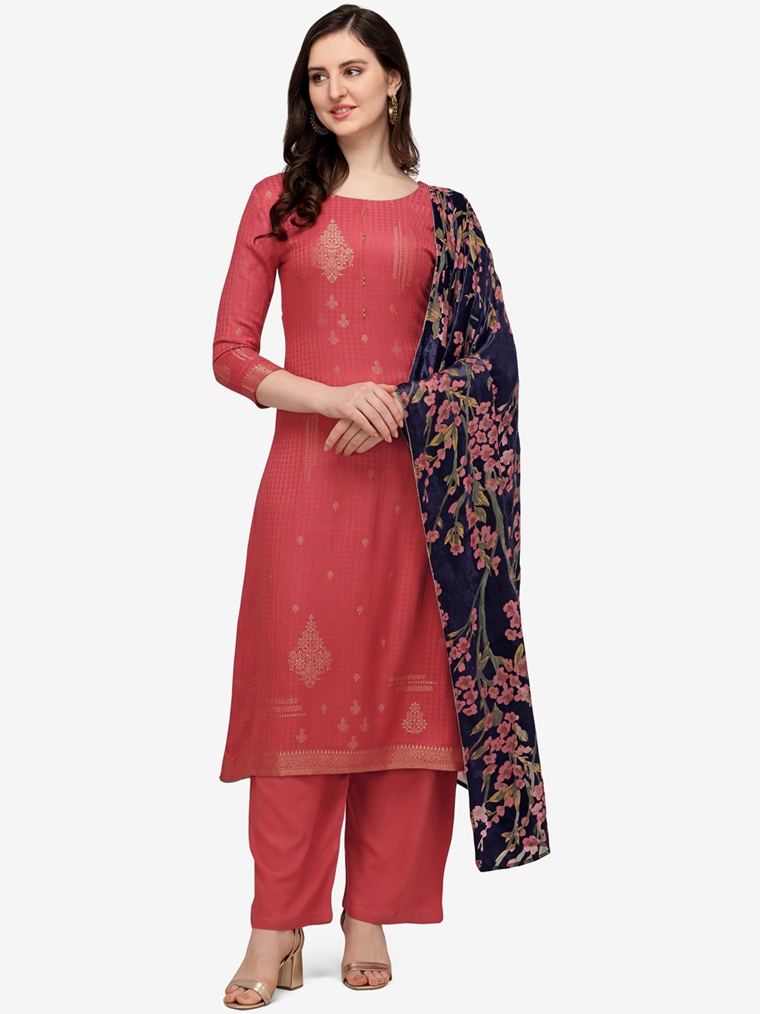 

Jansi Women Red Embroidered Layered Kurta with Palazzos & With Dupatta
