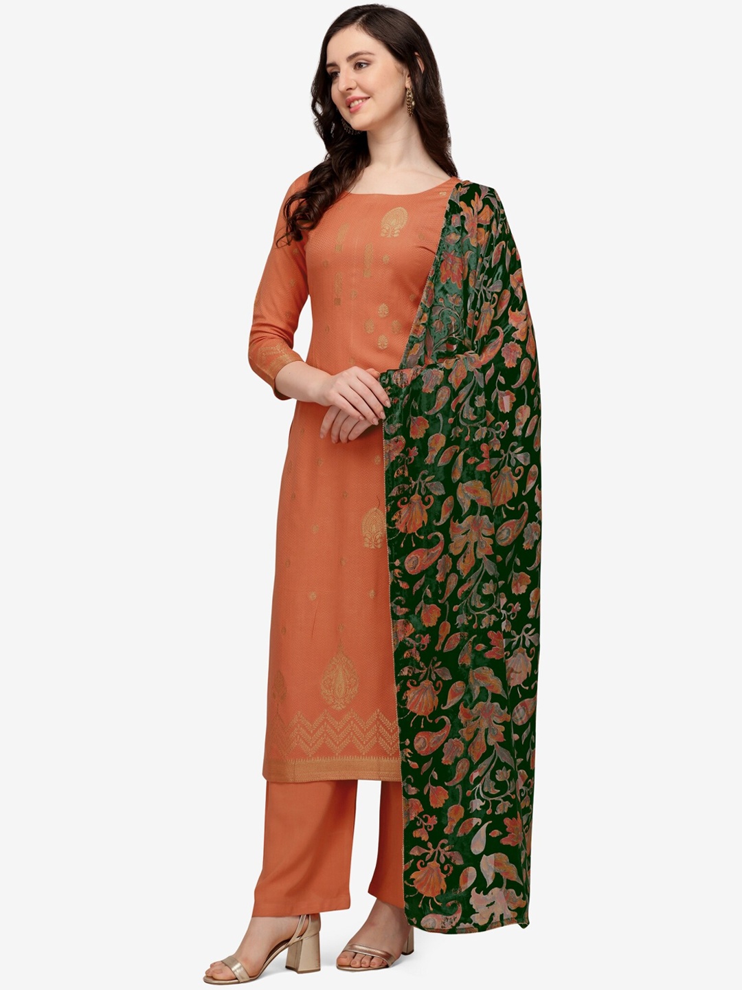 

Jansi Women Orange Embroidered Kurta with Trousers & With Dupatta
